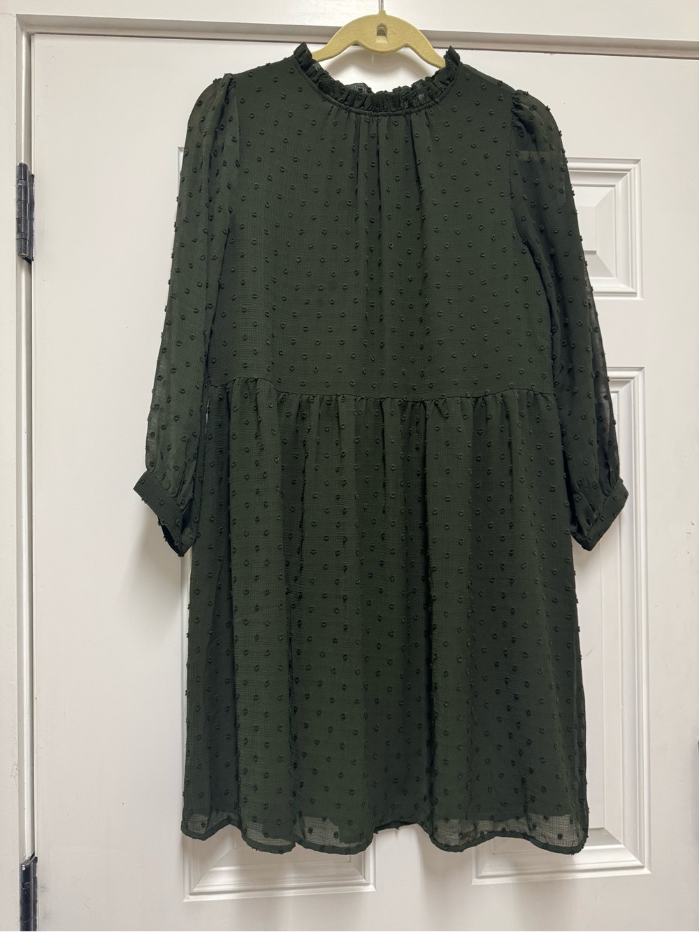 LOFT Olive Green Textured Ruffle Neck Long Sleeve Dress